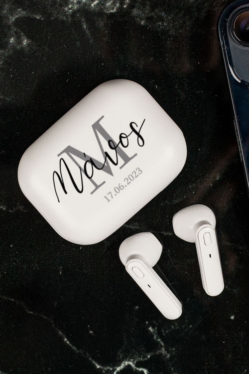 Earbud Bluetooth Handsfree Ακουστικά με Θήκη Φόρτισης & Σχέδιο Classy Monogram
