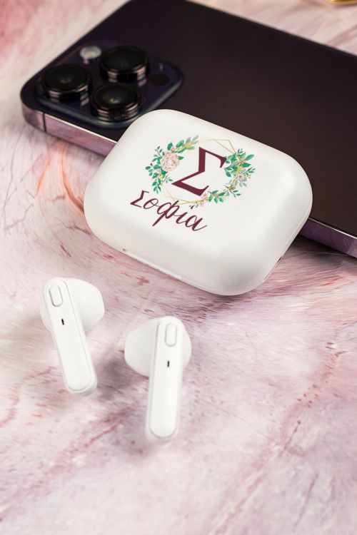 Earbud Bluetooth Handsfree Ακουστικά με Θήκη Φόρτισης & Σχέδιο Floral Letter
