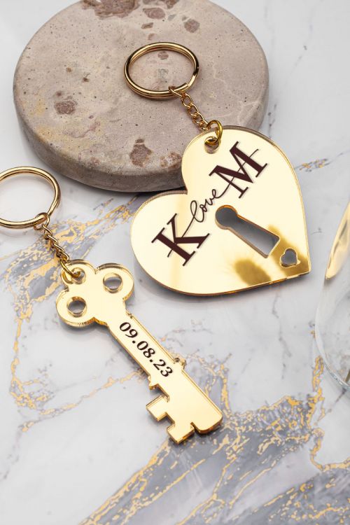 Σετ 2 Μπρελόκ Κλειδιών Golden Mirror για Ζευγάρι Heart Lock