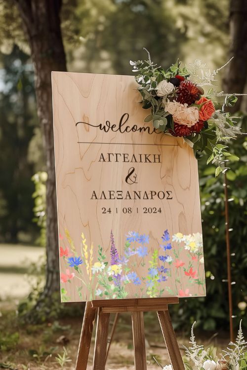 Επιγραφή Καλωσορίσματος Γάμου με Σχέδιο Ανοιξιάτικα Λουλούδια