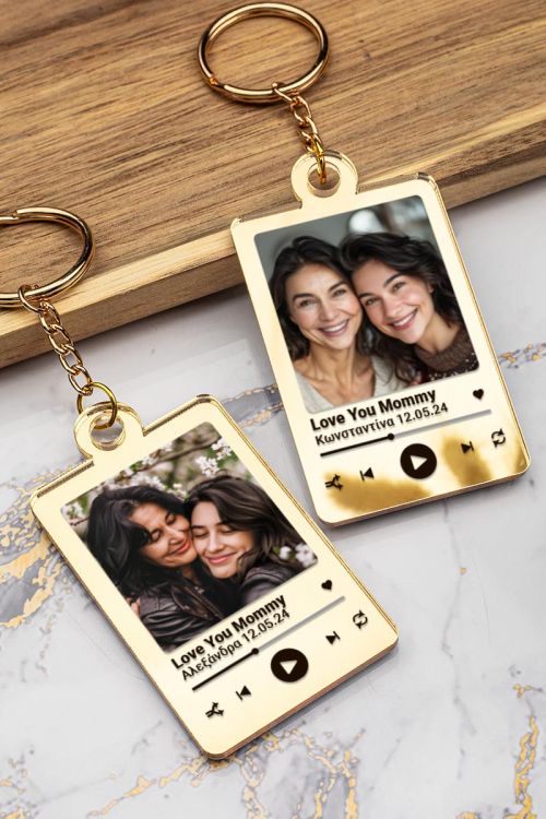 Σετ 2 Μπρελόκ Κλειδιών Golden Mirror με Φωτογραφία για Μητέρα
