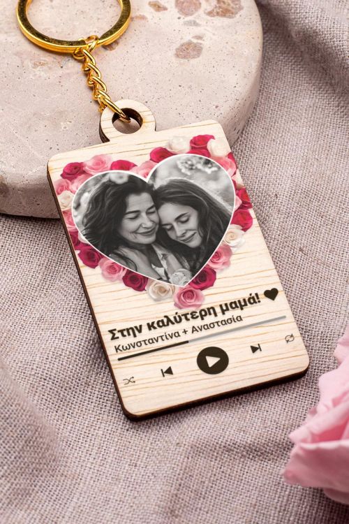 Ξύλινο Μπρελόκ Κλειδιών με Φωτογραφία Rose Heart