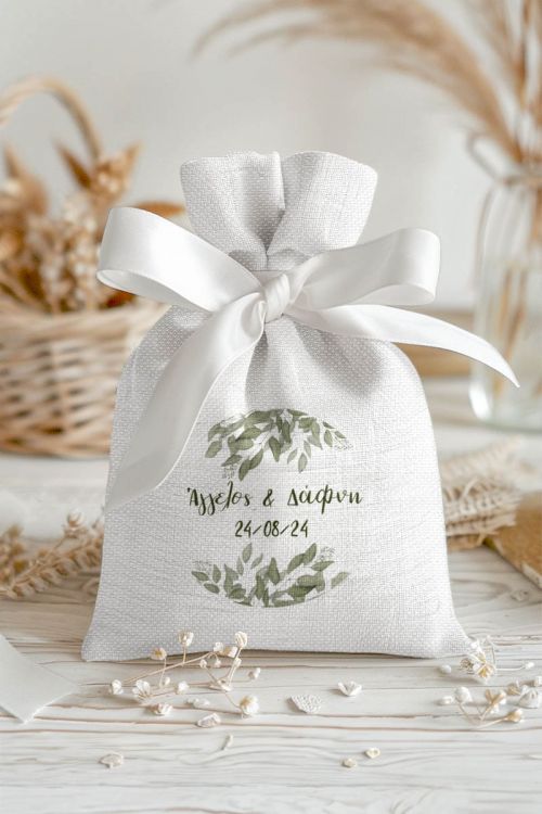 Μπομπονιέρες Βάπτισης Πουγκί σε Λευκό Χρώμα με Σχέδιο Πράσινο για Δίδυμα