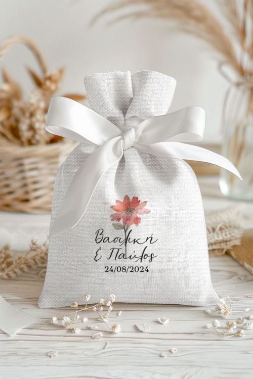 Μπομπονιέρες Γάμου Πουγκί σε Λευκό Χρώμα με Σχέδιο Άρωμα Άνοιξης