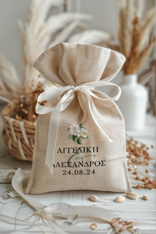 Μπομπονιέρες Γάμου Πουγκί σε Εκρού Χρώμα με Σχέδιο Κλασσικά Άνθη