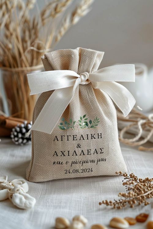 Μπομπονιέρες Γάμου Βάπτισης Πουγκί σε Εκρού Χρώμα με Σχέδιο Ανοιξιάτικο Πράσινο