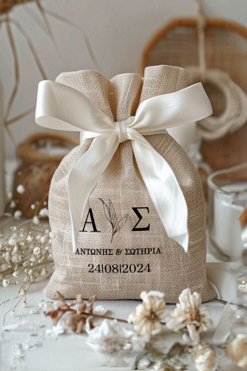 Μπομπονιέρες Γάμου Πουγκί σε Εκρού Χρώμα με Σχέδιο Μοντέρνα Άνοιξη