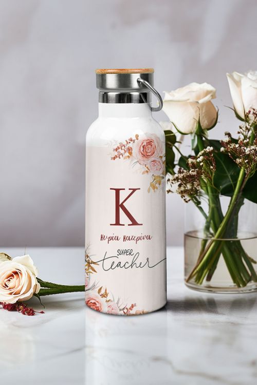 Μπουκάλι Θερμός Ανοξείδωτo με Σχέδιο Pink Flowers