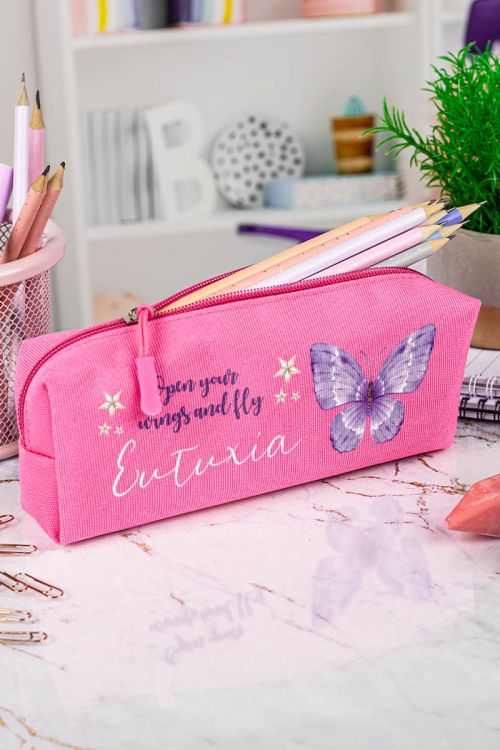 Σχολική Κασετίνα με Όνομα, σε Φούξια Χρώμα & Butterfly