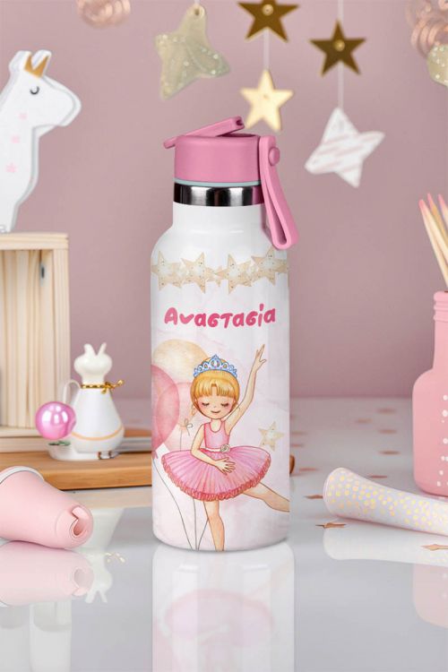 Παιδικό Παγούρι Θερμός με Όνομα & Καλαμάκι, Pink Ballerina