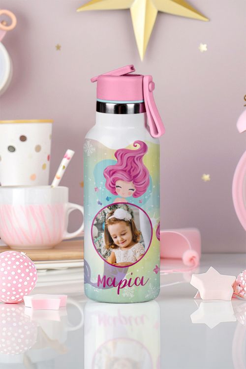 Παιδικό Παγούρι Θερμός με Όνομα & Καλαμάκι, Purple Mermaid
