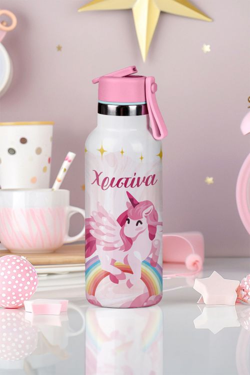 Παιδικό Παγούρι Θερμός με Όνομα & Καλαμάκι, Rainbow Unicorn
