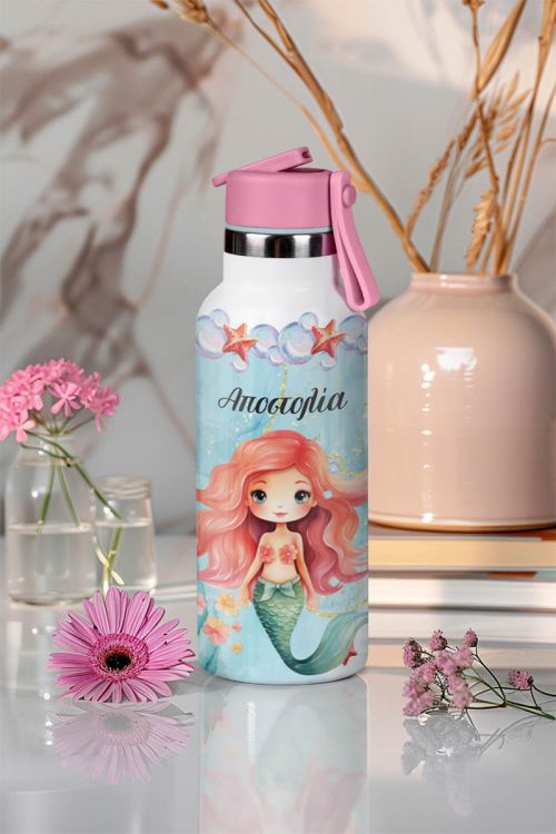 Παιδικό Παγούρι Θερμός με Όνομα & Καλαμάκι, Red Hair Mermaid