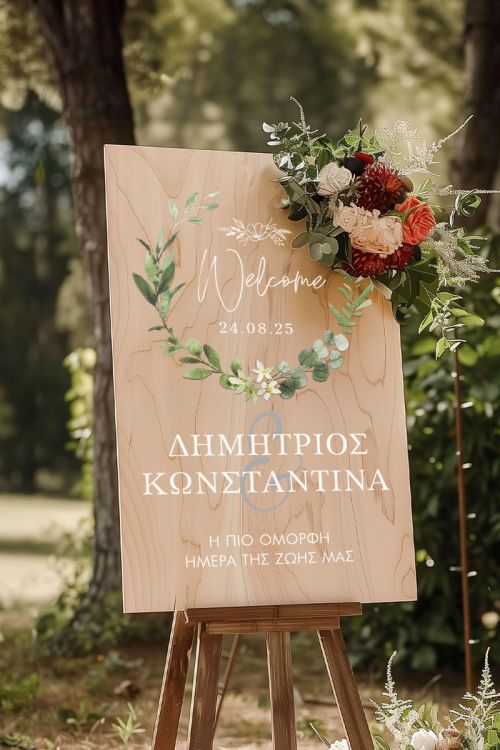 Ταμπέλα Καλωσορίσματος Γάμου με Σχέδιο Στεφάνι Λουλουδιών