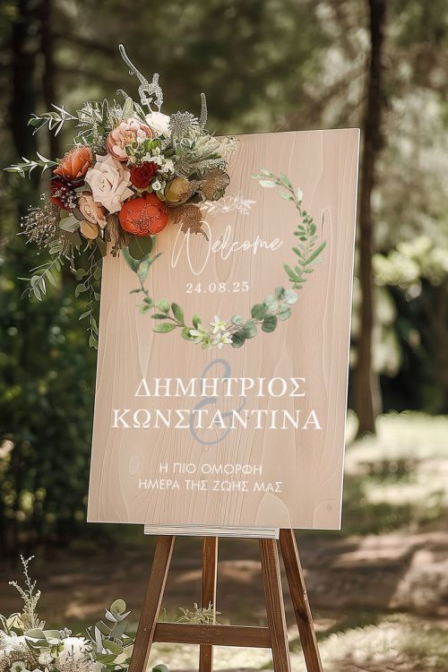Ταμπέλα Καλωσορίσματος Γάμου με Σχέδιο Στεφάνι Λουλουδιών