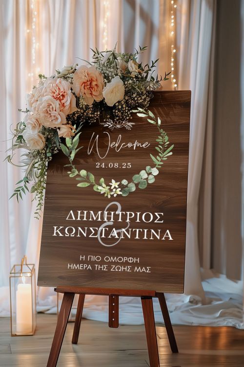Επιγραφή Καλωσορίσματος Γάμου με Σχέδιο Στεφάνι Λουλουδιών