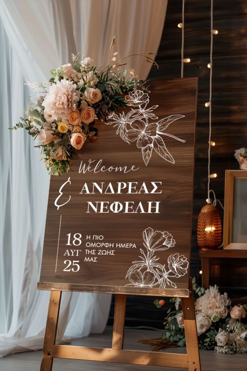 Διακοσμητική Πινακίδα Γάμου με Σχέδιο Γραμμικά Λουλούδια