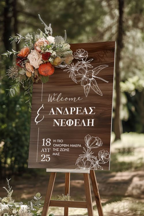 Διακοσμητική Πινακίδα Γάμου με Σχέδιο Γραμμικά Λουλούδια
