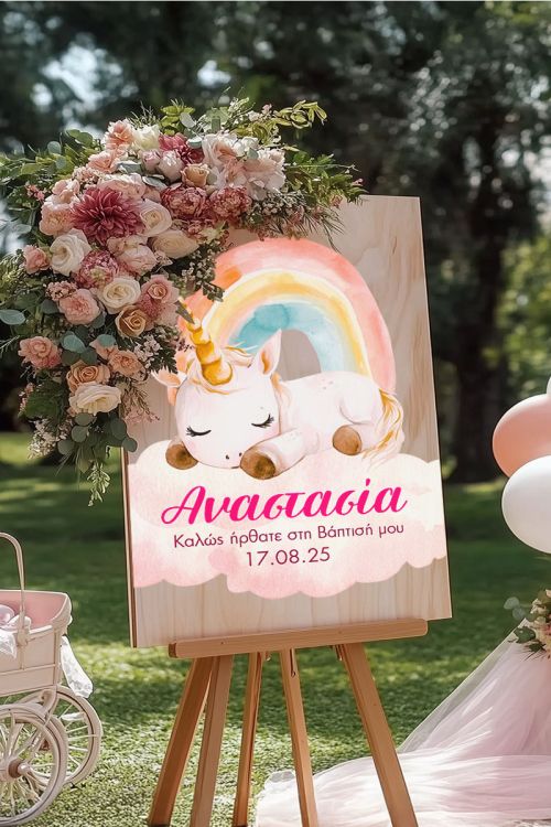 Πινακίδα Διακόσμησης Βάπτισης με Σχέδιο Unicorn