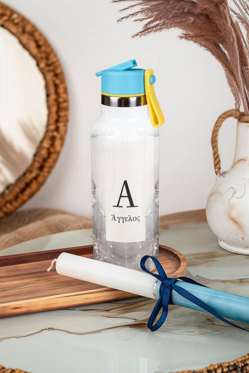 Θερμός με Καλαμάκι σε Σχέδιο Grey Marble & Premium Λαμπάδα