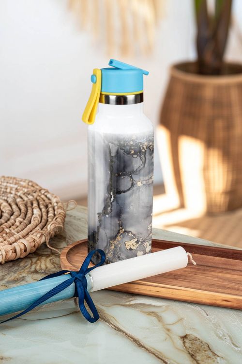 Θερμός με Καλαμάκι σε Σχέδιο Grey Marble & Premium Λαμπάδα