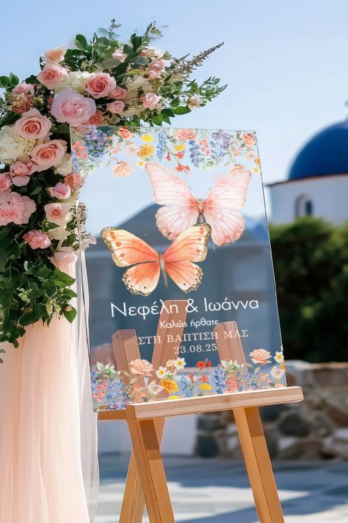 Ταμπέλα Υποδοχής Βάπτισης με Σχέδιο Ροζ Πεταλούδες