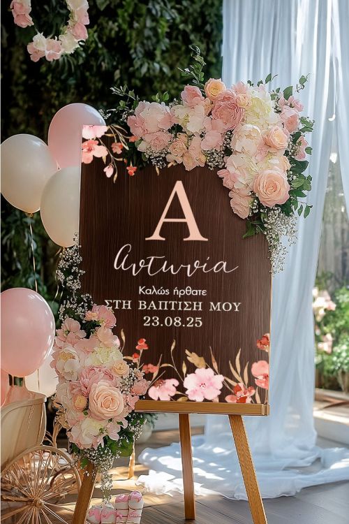 Διακοσμητική Ταμπέλα Βάπτισης με Σχέδιο Pink Floral