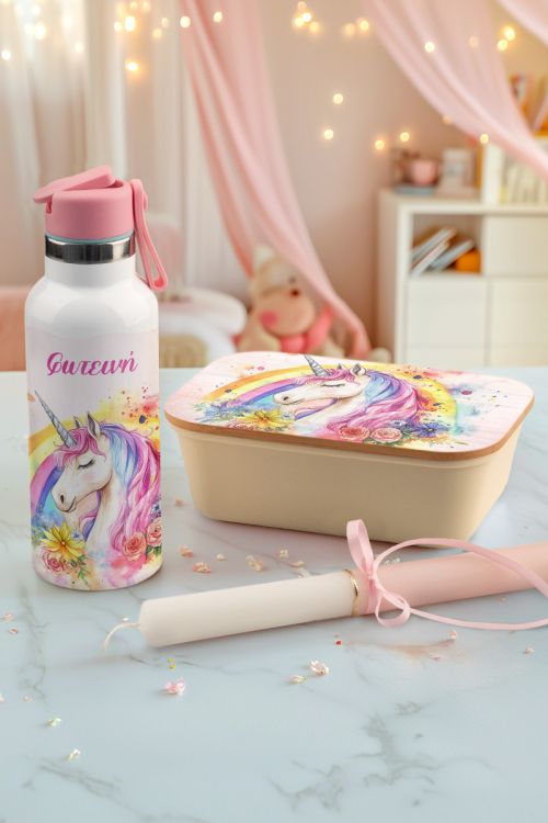 Σετ 3 Δώρα Color Unicorn - Παγούρι, Δοχείο Φαγητού & Λαμπάδα