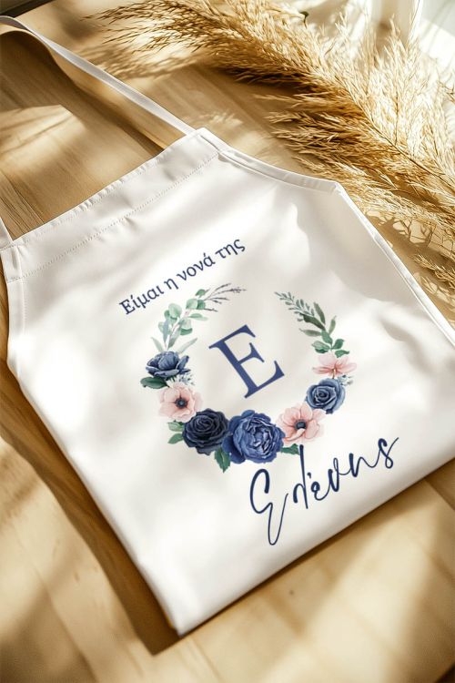 Εξατομικευμένη Ποδιά Βάπτισης με Σχέδιο Blue Roses για την Νονά