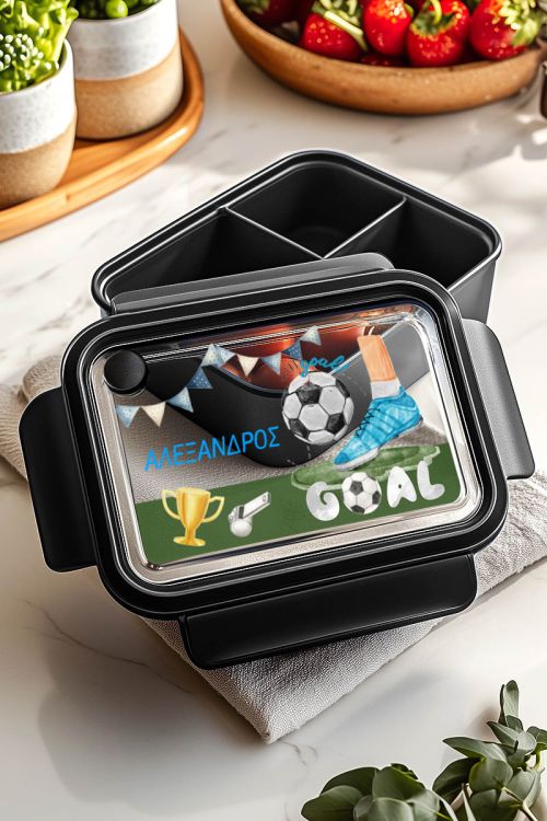 Παιδικό Δοχείο Φαγητού Μαύρο – Lunch Box με Ποδόσφαιρο