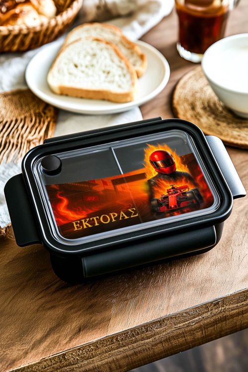Μαύρο Παιδικό Δοχείο Φαγητού με Όνομα και Φορμουλα 1