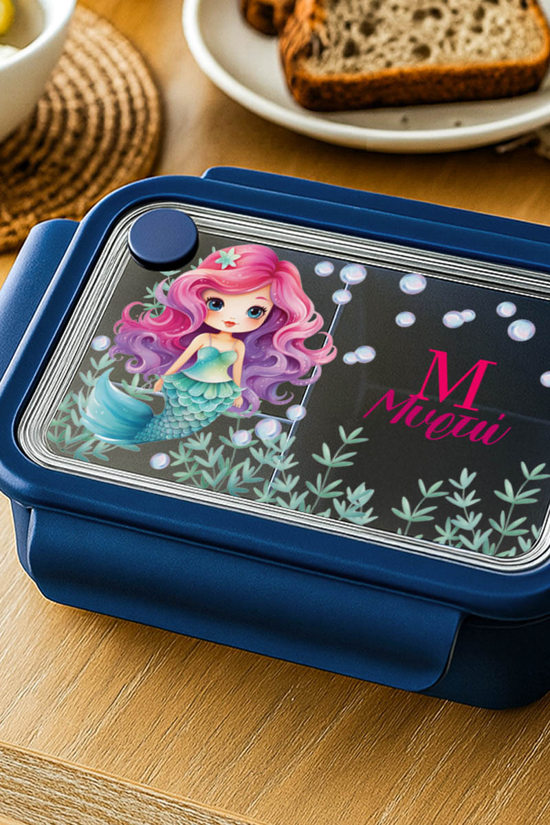 mykona-fagitodoxeio-lunchbox-me-ektipwsi-onoma-afierosi-blue-f-016 Δοχείο Φαγητού Παιδικό, Μπλε με Όνομα και Γοργόνα σε Βυθό
