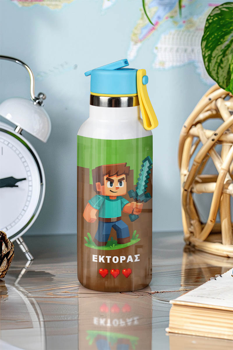 myikona-thermos-kids-me-onoma-afierosi-b-068 Παιδικό Παγούρι Θερμός με Καλαμάκι & Σχέδιο Video Game
