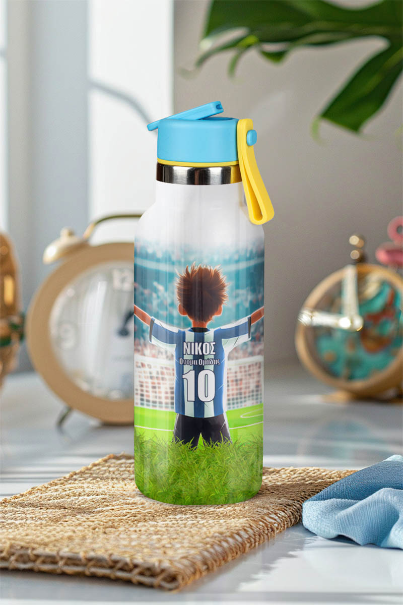 myikona-thermos-kids-me-onoma-afierosi-j-032 Παγούρι Θερμός Παιδικό με Καλαμάκι & Γαλανόλευκη Φανέλα