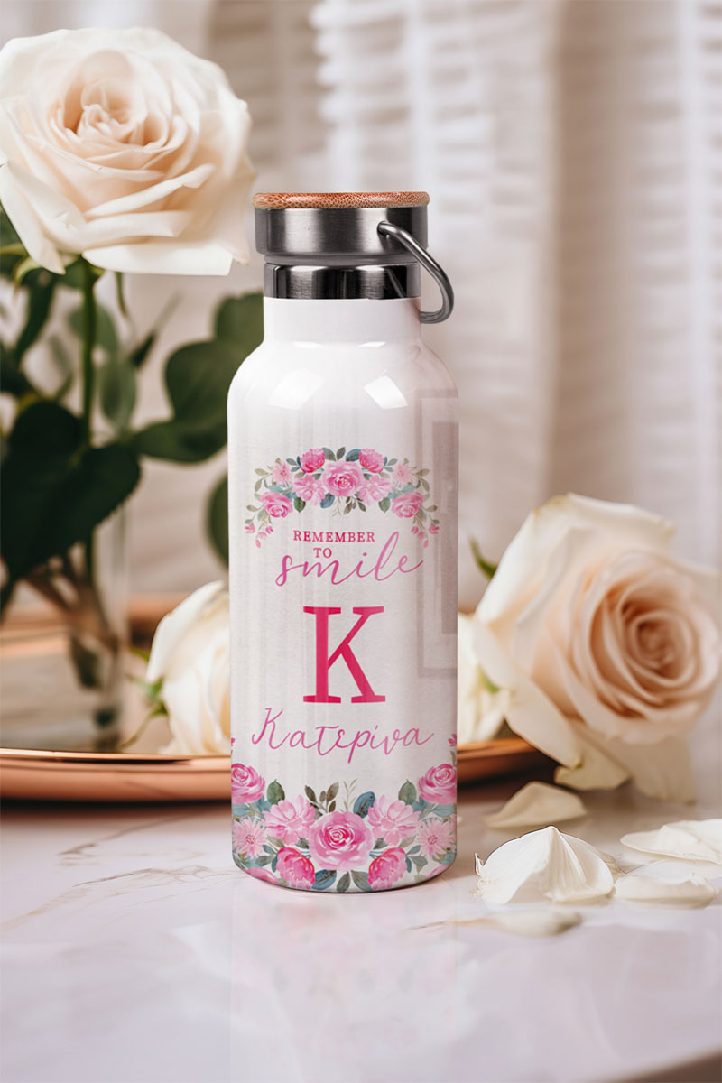 myikona-thermos-me-onoma-afierosi-ad-049 Ανοξείδωτo Μπουκάλι Θερμός με Σχέδιο Ροζ Τριαντάφυλλα