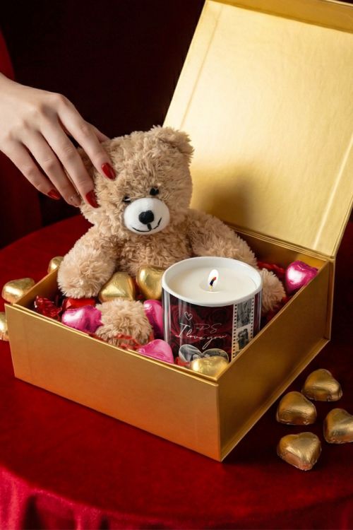 Πολυτελές Love Box με Αρωματικό Κερί, Αρκουδάκι, Γλυκά & Μπαλόνια