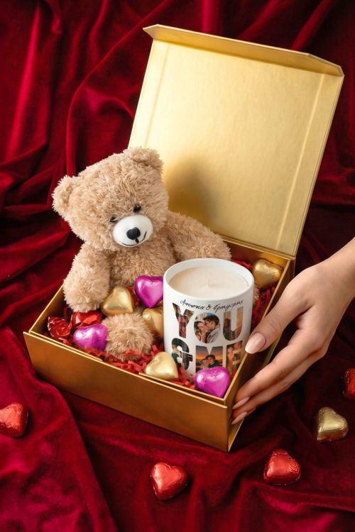 Romantic Gift Box με Αρωματικό Κερί, Αρκουδάκι, Γλυκά & Μπαλόνια