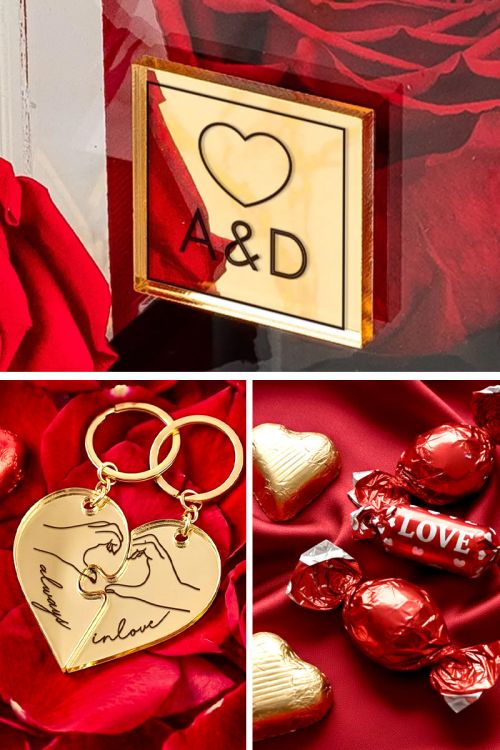 Gift Box Αγάπης με Τριαντάφυλλο, 2 Μπρελόκ, Γλυκά & Μπαλόνια