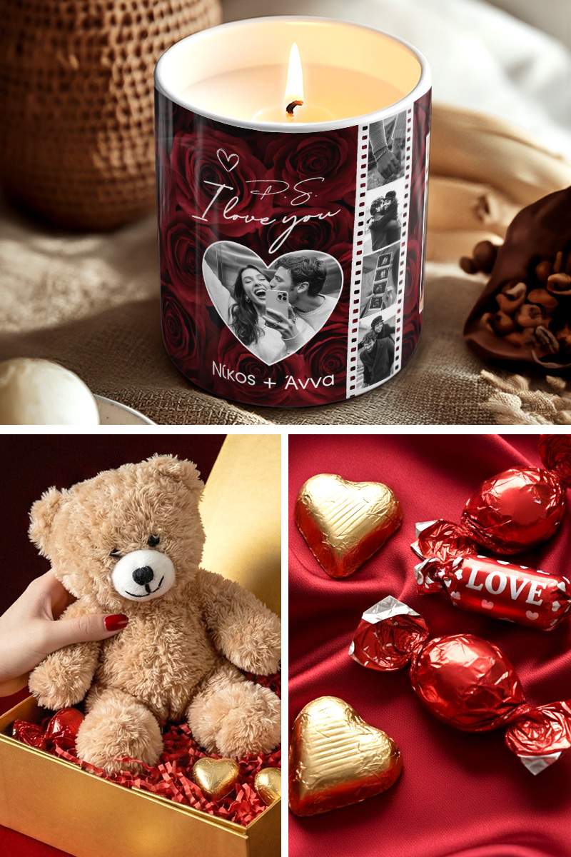 Πολυτελές Love Box με Αρωματικό Κερί, Αρκουδάκι, Γλυκά & Μπαλόνια