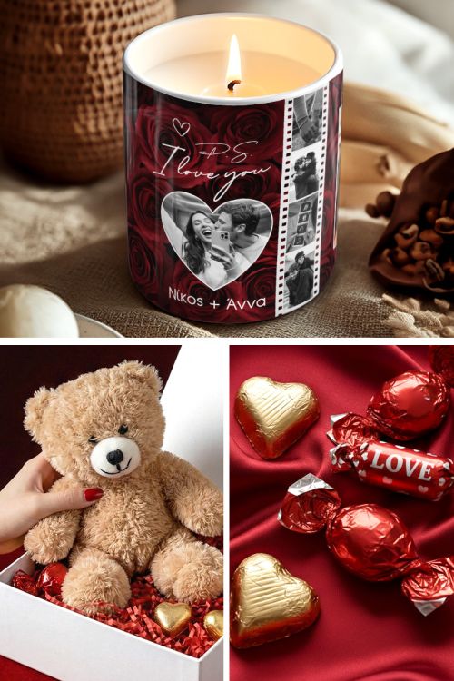 Gift Box Αγάπης με Αρωματικό Κερί, Αρκουδάκι, Γλυκά & Μπαλόνια