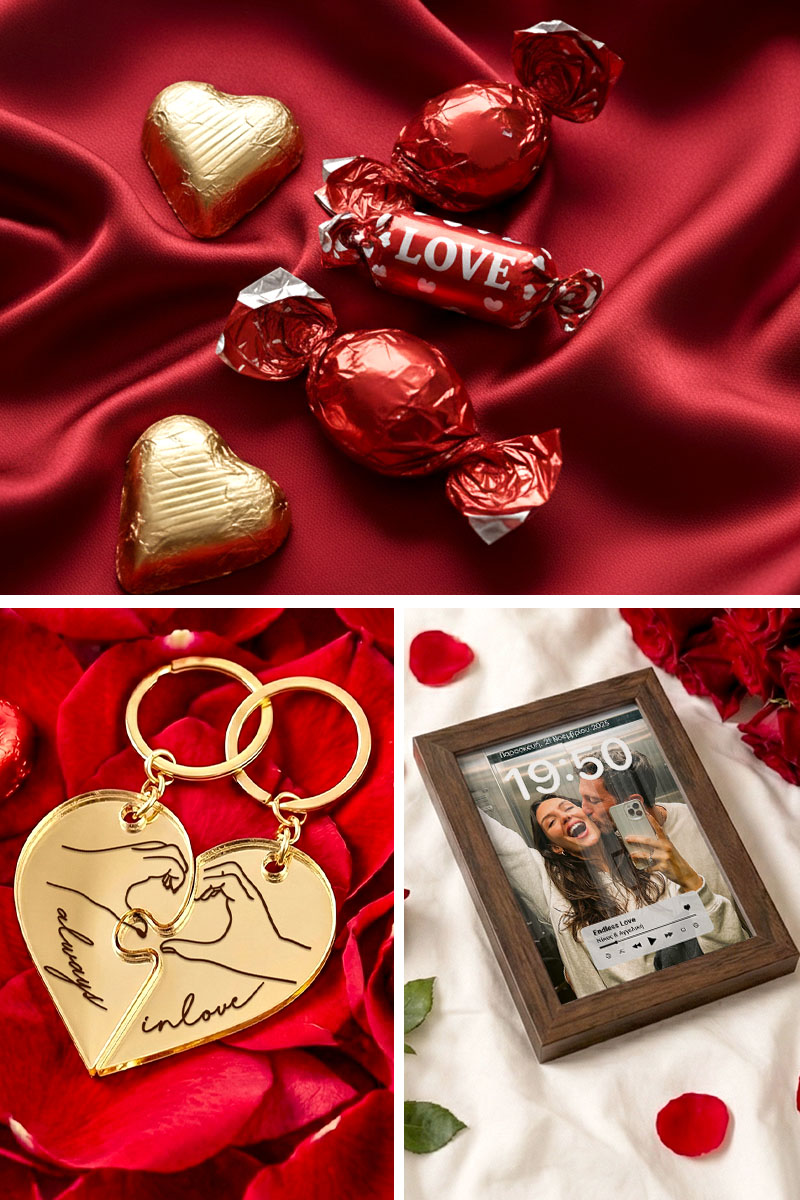 Love Box Ερωτευμένων με Κορνίζα με Φωτογραφίες, 2 Μπρελόκ, Γλυκά & Μπαλόνια