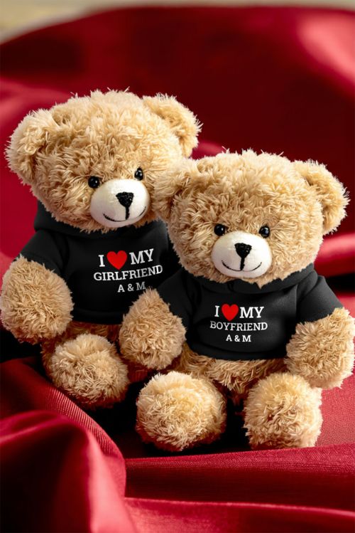 Σετ 2 Λούτρινα Αρκουδάκια με Μαύρη Μπλούζα, Valentine Gift