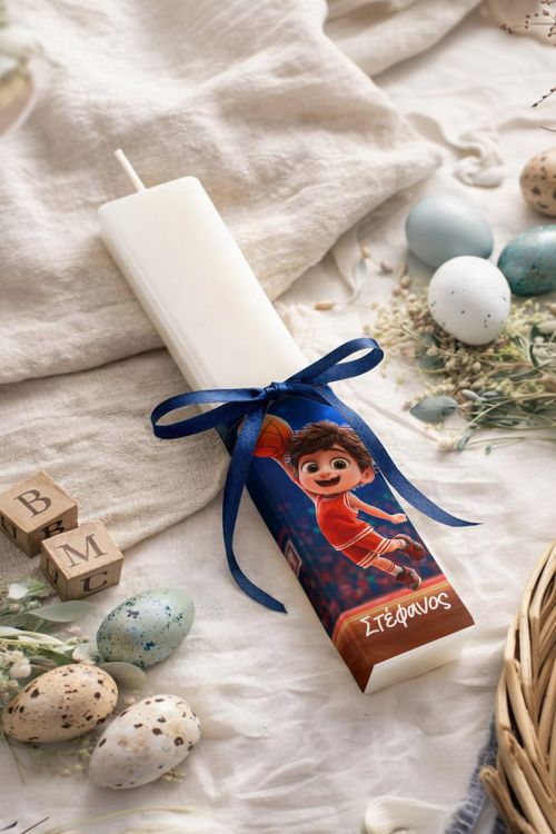 Παιδική Πασχαλινή Πλακέ Λαμπάδα με Κόκκινη Φανέλα Μπάσκετ