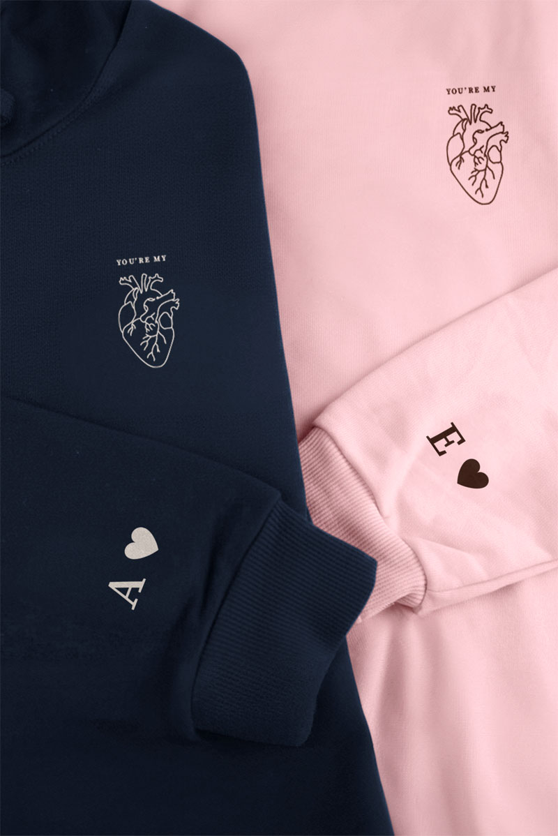 matching-hoodie-set-gia-zeugaria-me-ektipwsi-mple-roz-s-0004-4 2 Matching Φούτερ με Κουκούλα My Heart, Δώρο για Ζευγάρια