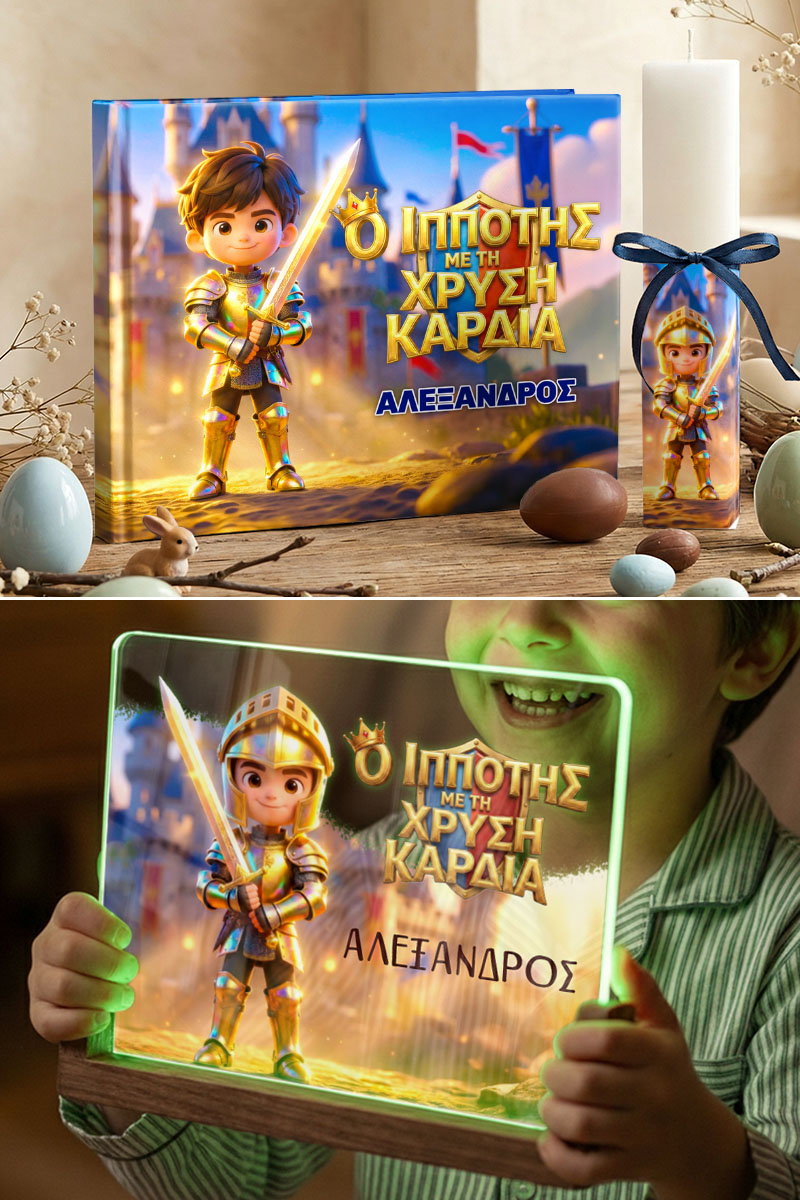 Σετ 3 Πασχαλινά Δώρα, Ο Ιππότης - Παραμύθι, Φωτιστικό & Λαμπάδα
