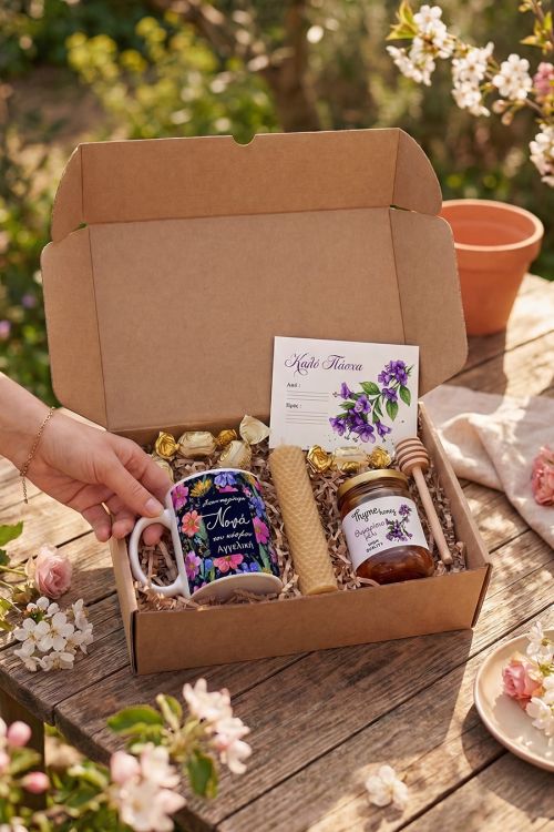 Πασχαλινό Gift Box Νονάς με Κούπα, Μέλι & Λαμπάδα Κηρήθρα