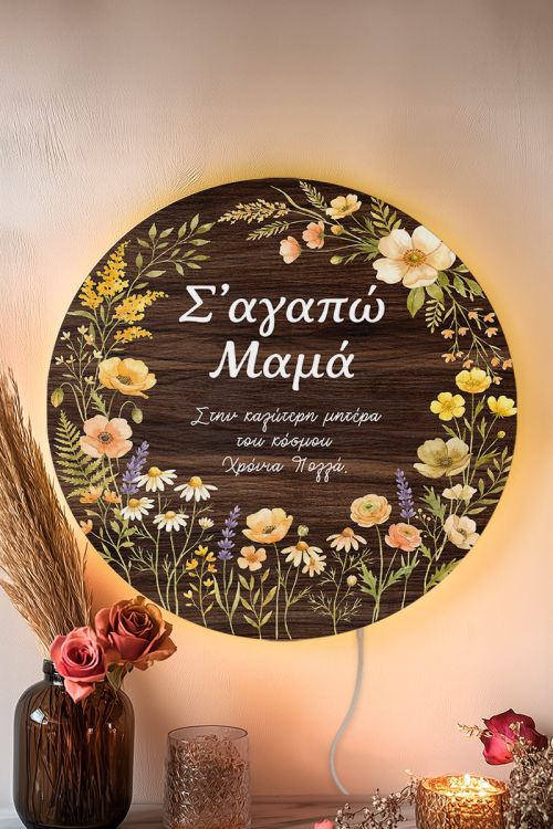 Φωτιστικό Τοίχου με Αφιέρωση & Άνθη, Δώρο για Μαμάδες