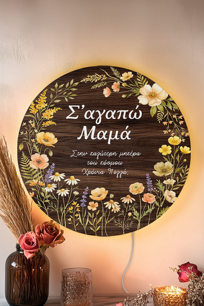 Φωτιστικό Τοίχου με Αφιέρωση & Άνθη, Δώρο για Μαμάδες