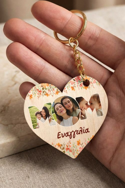 Μπρελόκ Ξύλινο με Φωτογραφίες & Όνομα, Δώρο για Μαμάδες