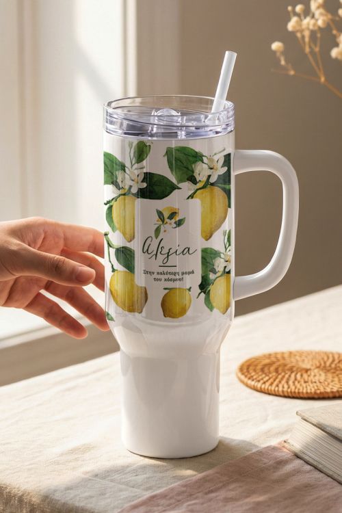 Θερμός Tumbler με Λεμόνια για Μαμά – Πρακτικό & Στυλάτο Δώρο
